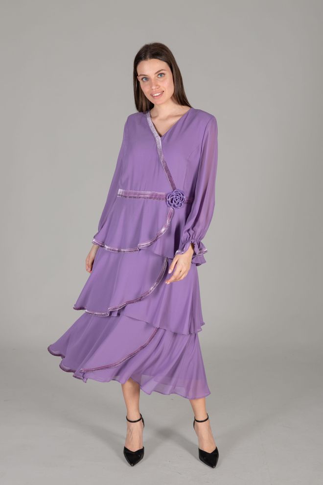 GUMANIZE Robe En Mousseline Multicolore À Col En V Lilas Foncé Vêtements en gros Élégant