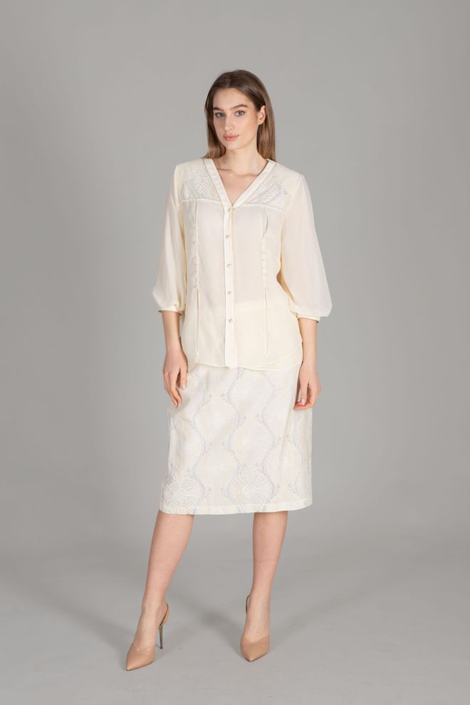 GUMANIZE V Neck Blouse Lace Skirt Ecru Wholesale Clothing Elegant