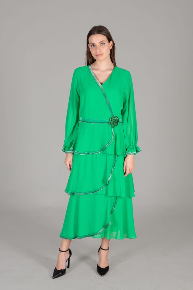 GUMANIZE “V” Kaklo Daugialypė Šifoninė Suknelė Žalia Didmeninė prekyba drabužiais Aptempta ir platėjanti