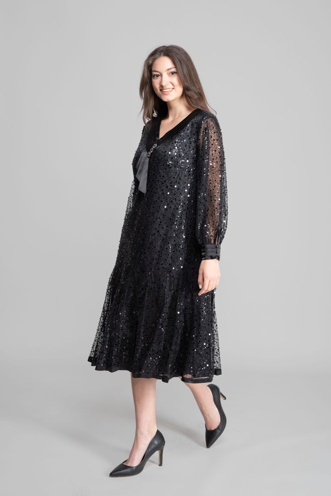 GUMANIZE Μαύρο Κομψό Παγιετέ Φόρεμα Fit And Flare Χονδρικό εμπόριο ενδυμάτων Επίσημο