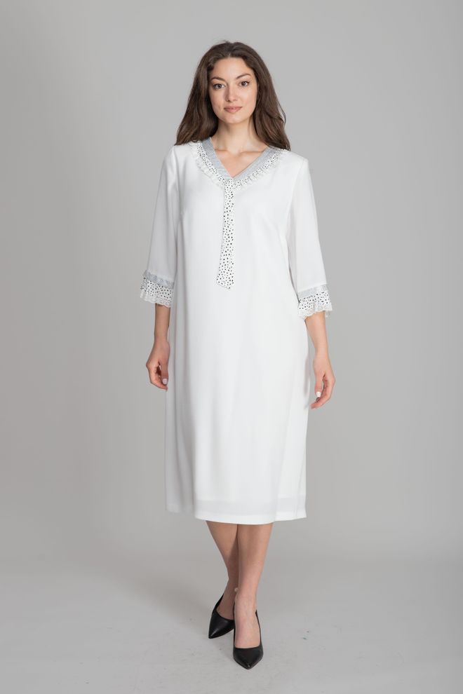 GUMANIZE Robe Droite Blanche Élégante Avec Col En V Et Manches 3/4 Vêtements en gros Modeste