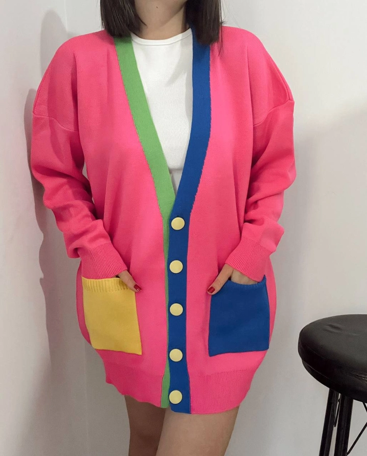 A wholesale clothing model wears 40246 - Colorful Pocket Cardigan, Turkish wholesale Cardigan of Helios