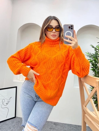 A model wears 28102 - Sweater - Orange, wholesale Sweater of Helios to display at Lonca