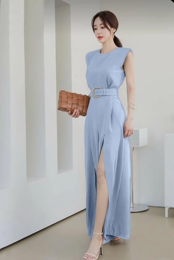 A wholesale clothing model wears  Shoulder Wadding Detail Leg Slit Belt Dress
, Turkish wholesale Dress of My Jest Fashion