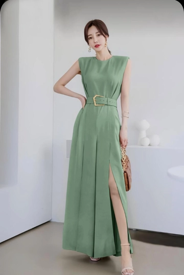 A wholesale clothing model wears  Shoulder Wadding Detail Leg Slit Belt Dress
, Turkish wholesale Dress of My Jest Fashion