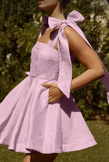 A wholesale clothing model wears  Cotton Poplin Fabric Pocket Detailed Sleeve Tie Dress
, Turkish wholesale Dress of My Jest Fashion