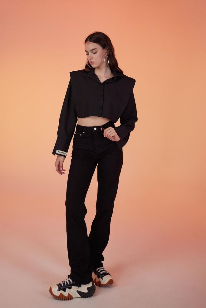 Holly Lolly Calça Jeans Preta Roupas por atacado Sem Tecido