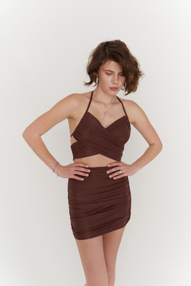 Holly Lolly Bluză Detaliată În Spate Crop Top Maro Îmbrăcăminte cu ridicata Elegant