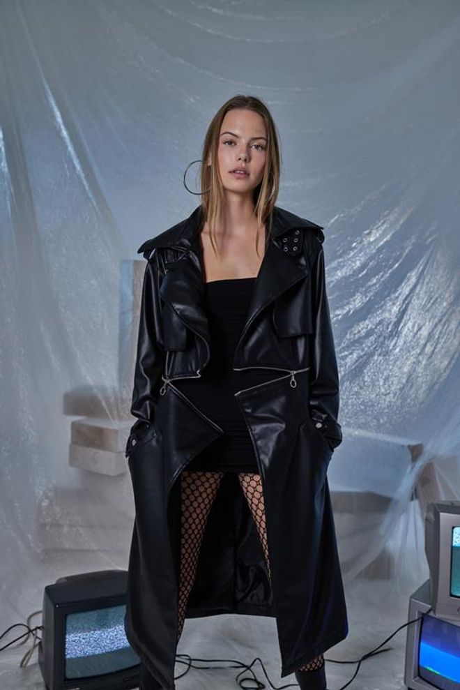 Holly Lolly Trench En Cuir Noir Vêtements en gros Élégant