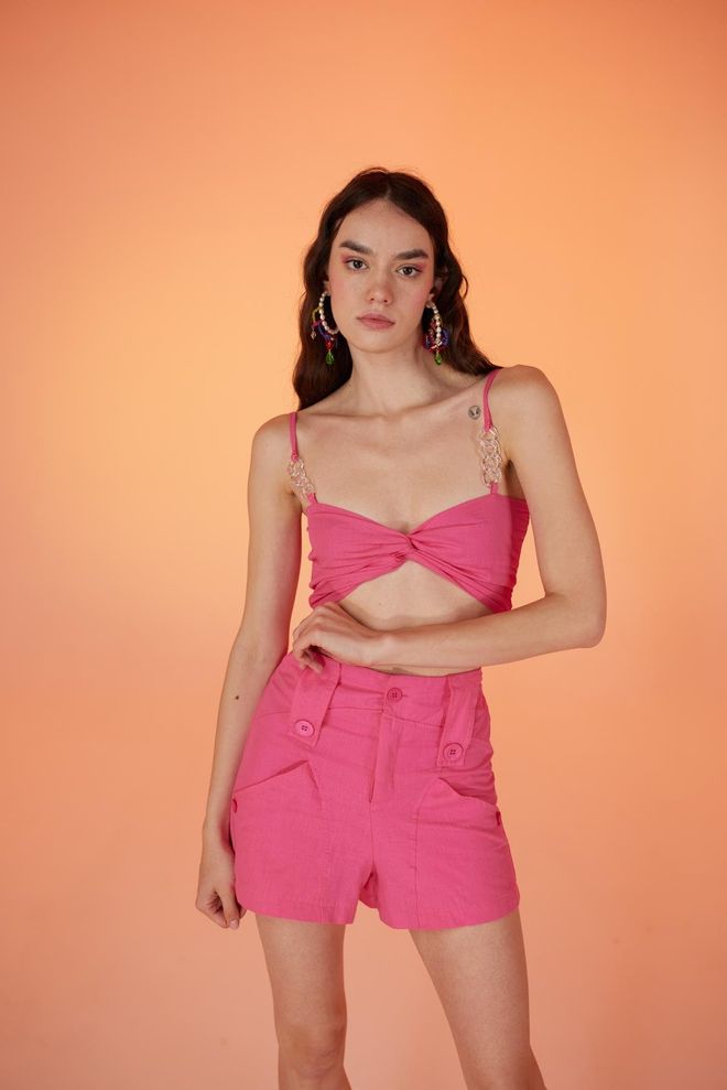Holly Lolly Blusa Crop Top Detalhado Com Corrente Transparente Rosa Roupas por atacado Algodão