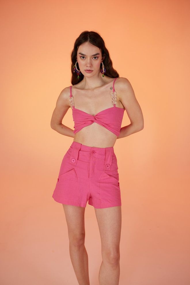 Holly Lolly Blusa Crop Top Detalhado Com Corrente Transparente Rosa Roupas por atacado Verão