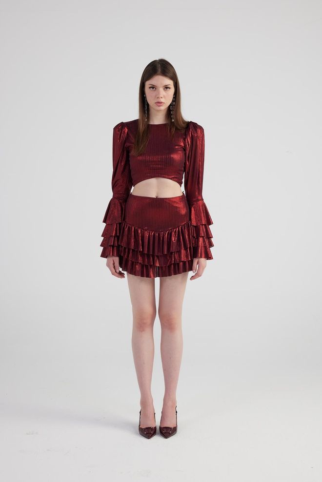 Holly Lolly Tailleur Jupe Brillante Rouge Claret Vêtements en gros Élégant