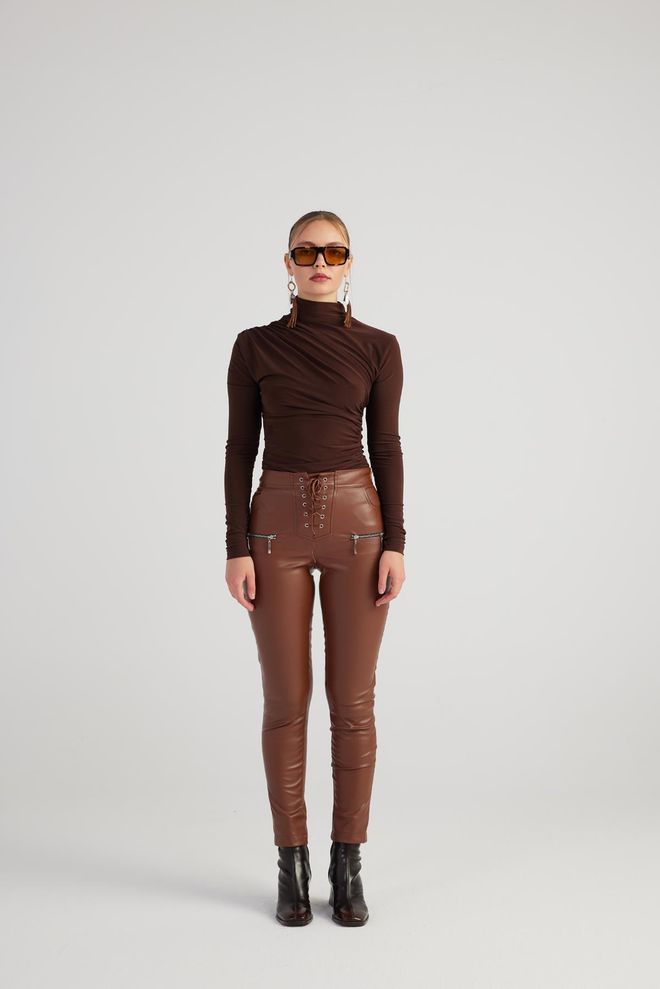 Holly Lolly Pantalon En Cuir Gina Marron Vêtements en gros Décontracté