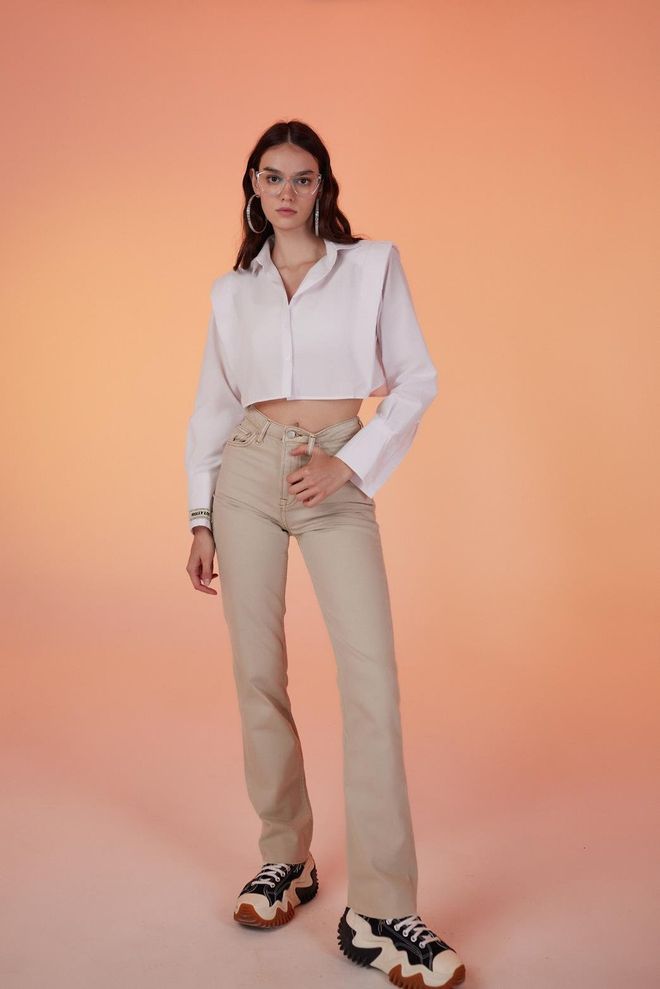 Holly Lolly Calça Sagrado Jean Bege Roupas por atacado Sem Tecido