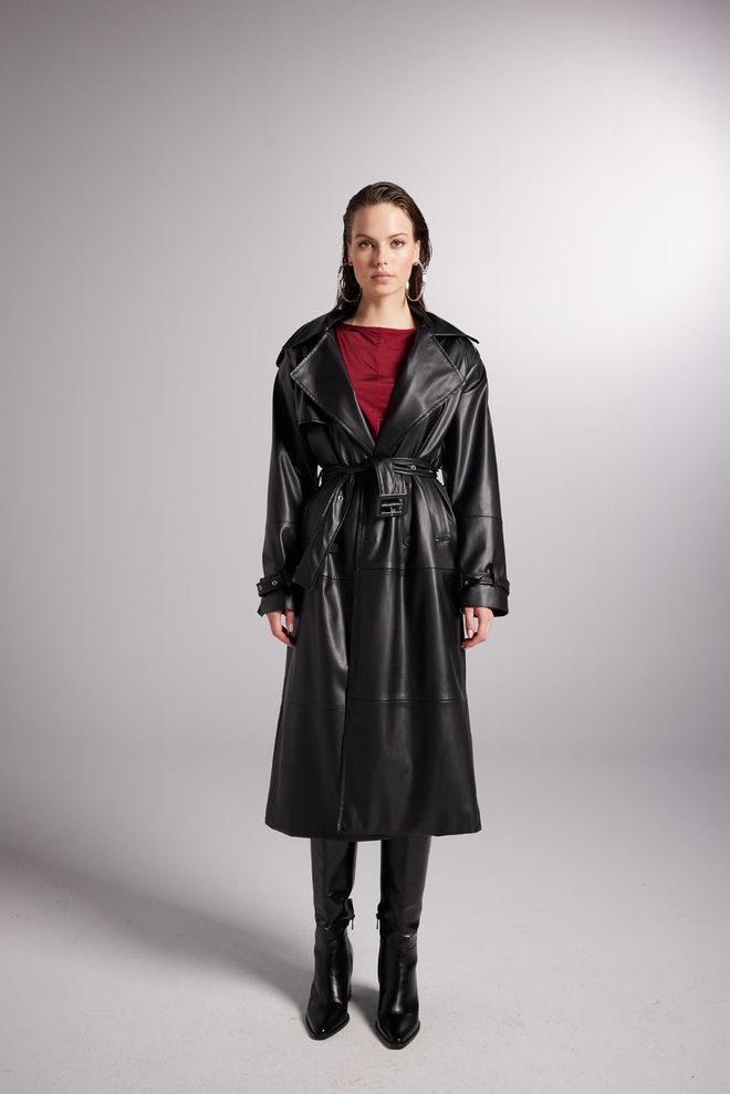 Holly Lolly Collider Trench En Cuir Noir Vêtements en gros Décontracté