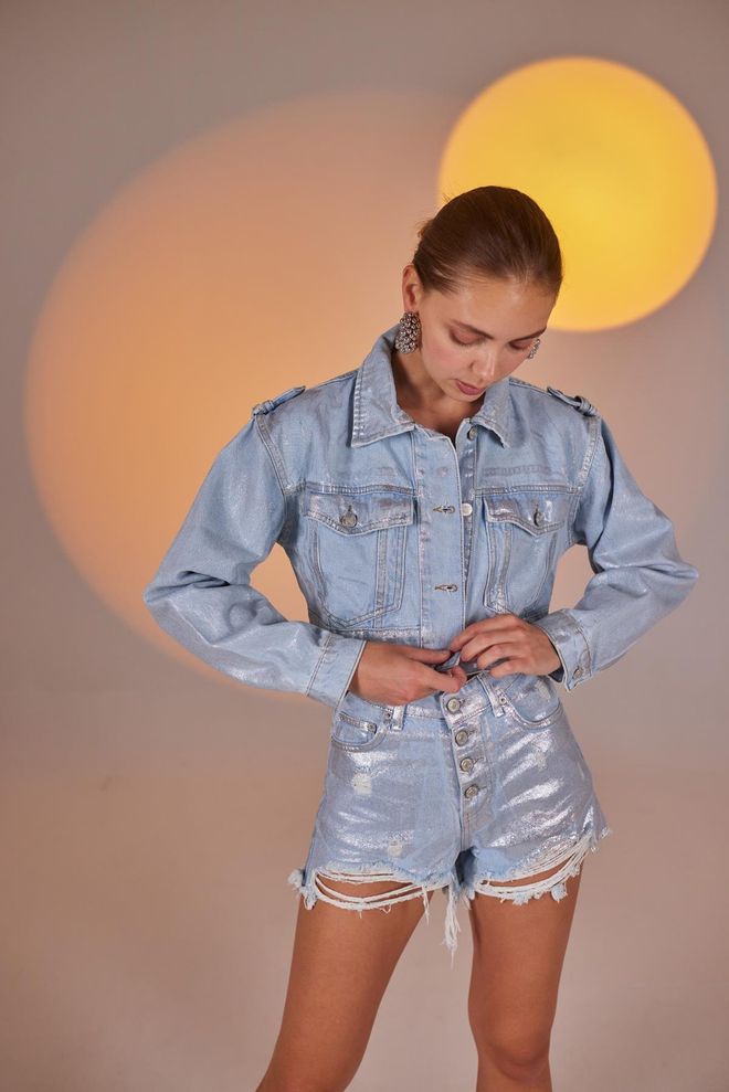 Holly Lolly لامعة جان سترة زرقاء ملابس بالجملة لا يوجد قماش