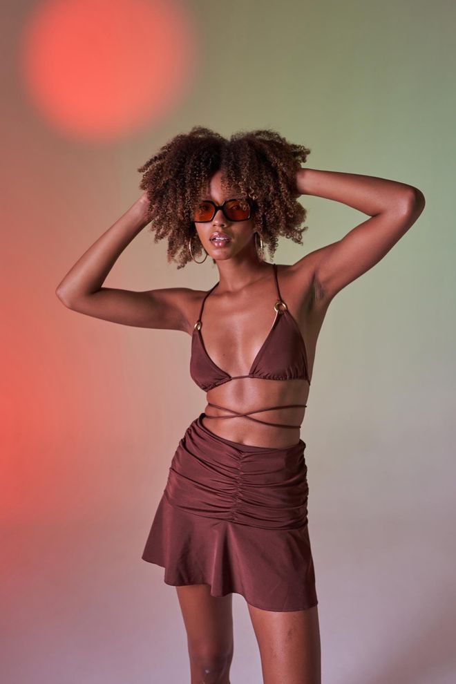 Holly Lolly High Waist Gathered Detail Mini Skirt Brown Wholesale Clothing No Fabric