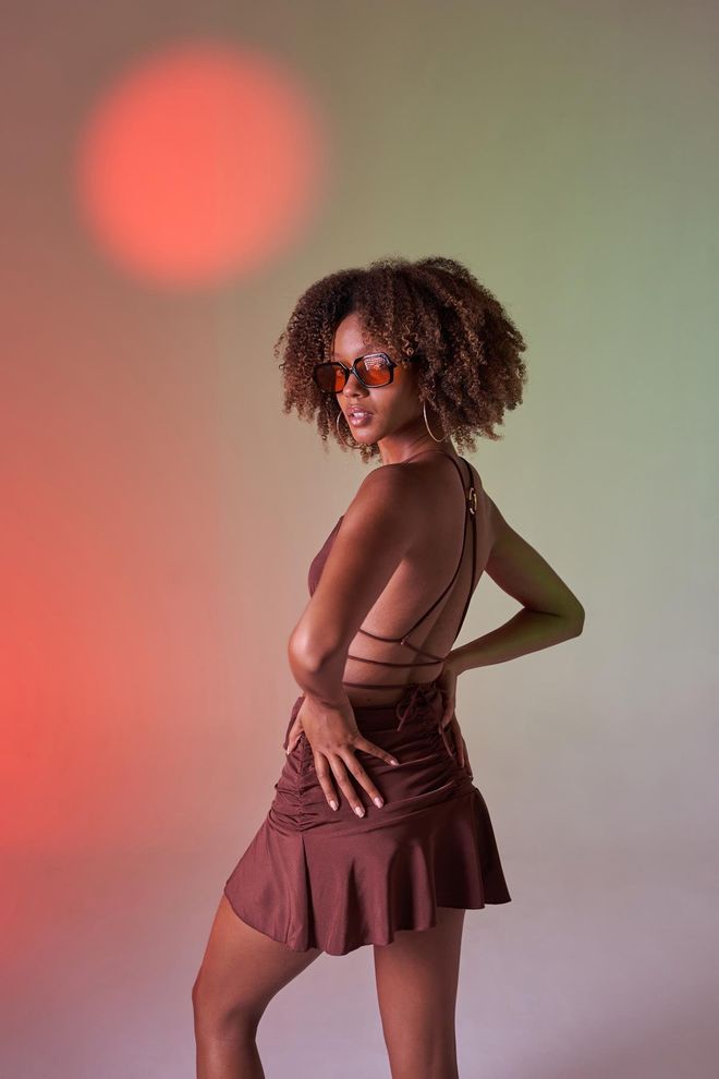 Holly Lolly High Waist Gathered Detail Mini Skirt Brown Wholesale Clothing Beach