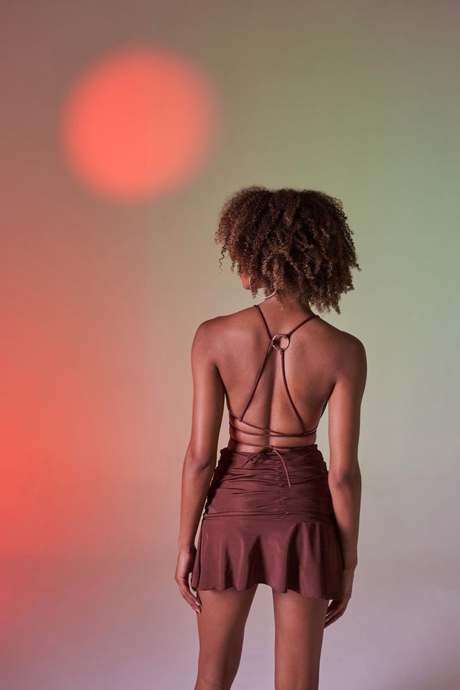 Holly Lolly High Waist Gathered Detail Mini Skirt Brown Wholesale Clothing 4