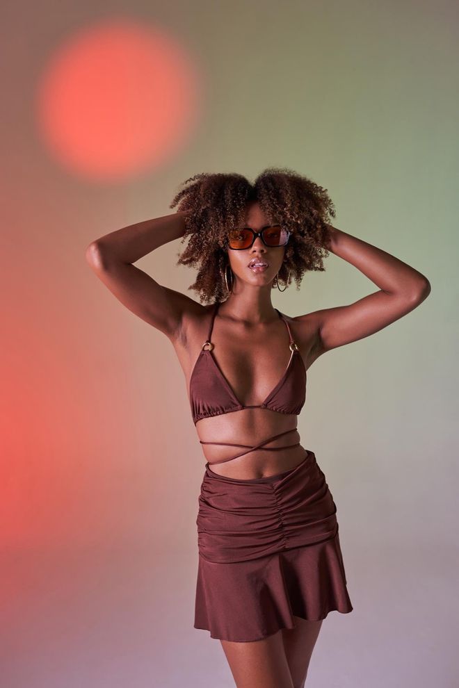 Holly Lolly High Waist Gathered Detail Mini Skirt Brown Wholesale Clothing Summer