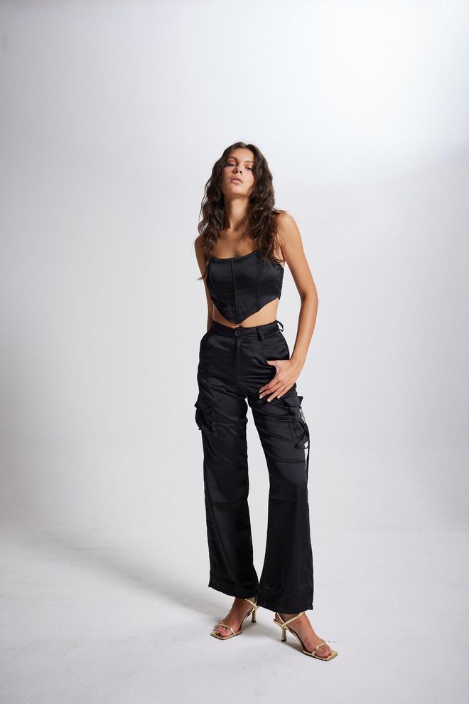 Holly Lolly Crop Model Underwire Satin Bustier Black Wholesale Clothing Birthday