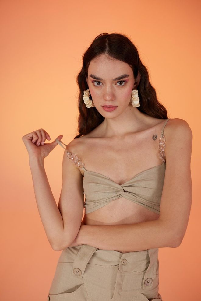 Holly Lolly Bustier Detalhado Em Corrente Transparente Bege Roupas por atacado Algodão