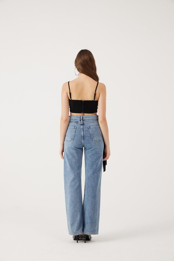 Holly Lolly Blue Mom Pants High Waist Wide Leg Zip Up Wholesale Clothing Vintage