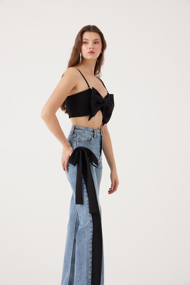 Holly Lolly Blue Mom Pants High Waist Wide Leg Zip Up Wholesale Clothing Lounge