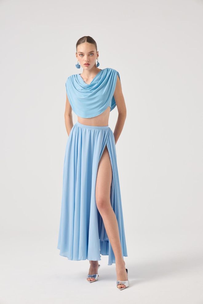 Holly Lolly Conjunto Azul Elegante Glamoroso Flare Saia Midi Roupas por atacado 1