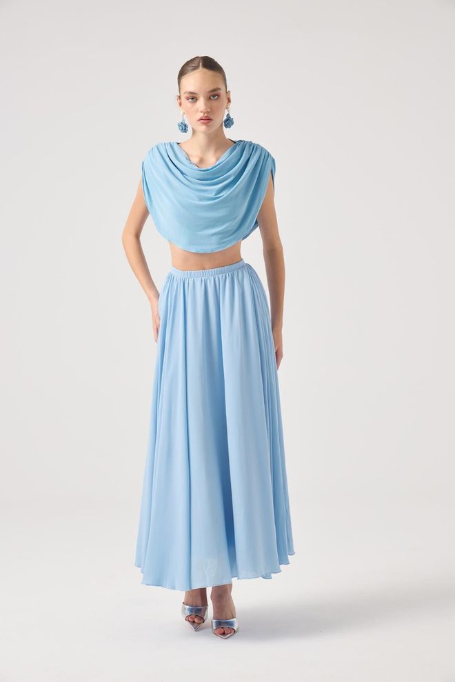 Holly Lolly Conjunto Azul Elegante Glamoroso Flare Saia Midi Roupas por atacado Primavera