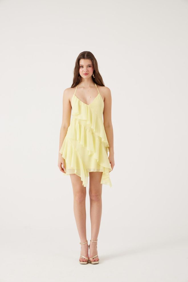 Holly Lolly Robe Mini Jaune En Satin À Encolure Licou Et Mancherons Vêtements en gros Décontracté