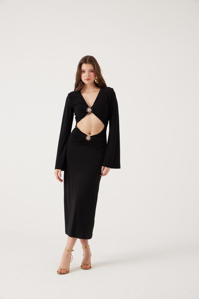 Holly Lolly Noir Robe Sexy Élégant Formel Glamour Moulante Encolure En V Midi Manches Longues Manches Droites Vêtements en gros Sexy