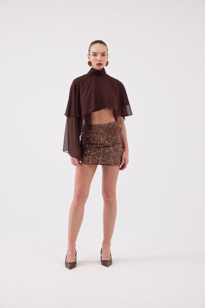 Holly Lolly Brown Elegant Crop Blouse With Cape Sleeves Wholesale Clothing Fall