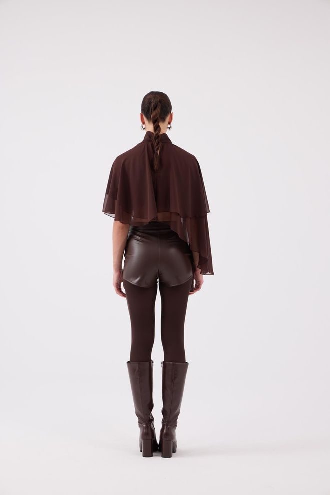 Holly Lolly Brown Elegant Crop Blouse With Cape Sleeves Wholesale Clothing Sexy