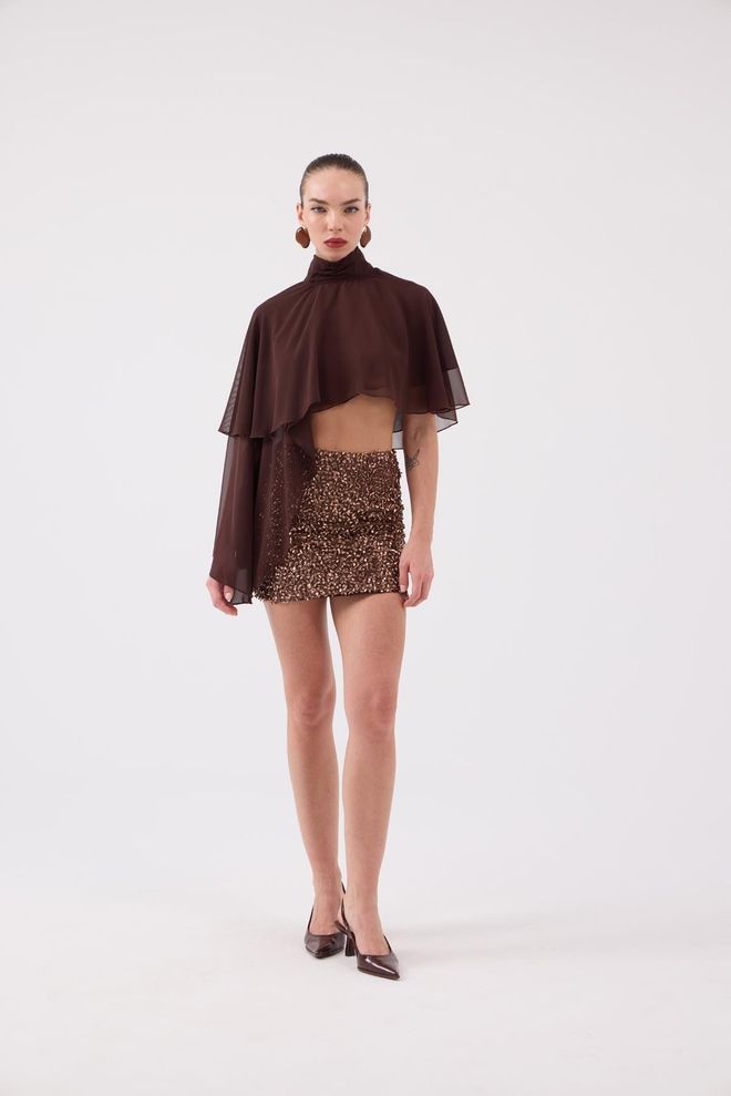 Holly Lolly Brown Elegant Crop Blouse With Cape Sleeves Wholesale Clothing Birthday