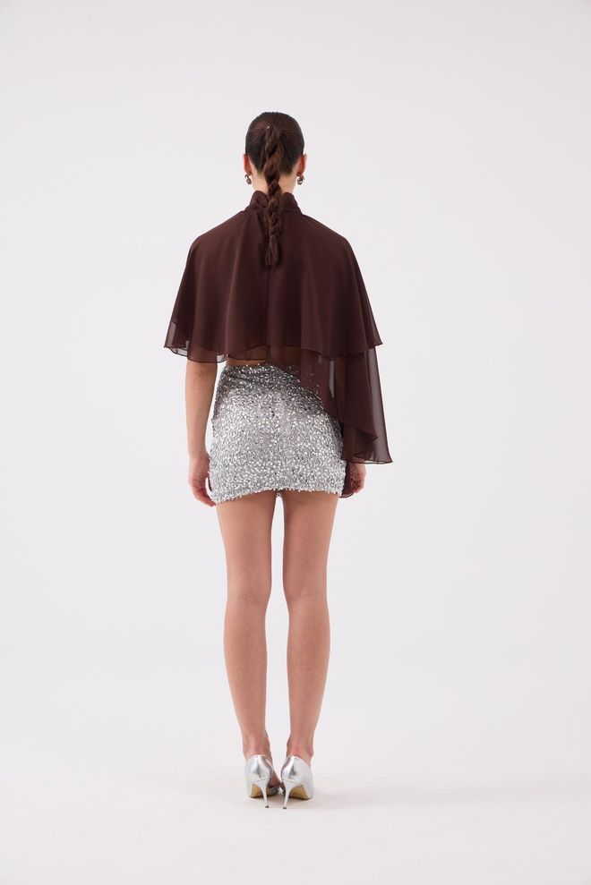 Holly Lolly Gümüş Renkli Payetli Yüksek Bel Mini Bodycon Etek Toptan Giyim Resmi