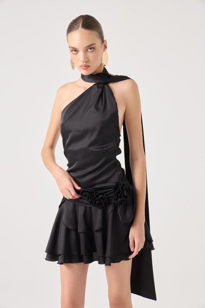 Holly Lolly Seksi Siyah Slip Elbise Halter Yaka Ve Japone Kollu Toptan Giyim Kokteyl