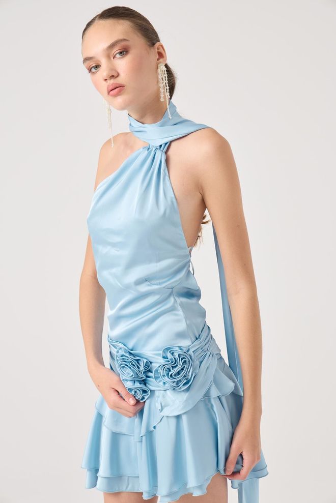 Holly Lolly Mavi Seksi Zarif Fit & Flare Mini Elbise Halter Yaka Toptan Giyim Kokteyl