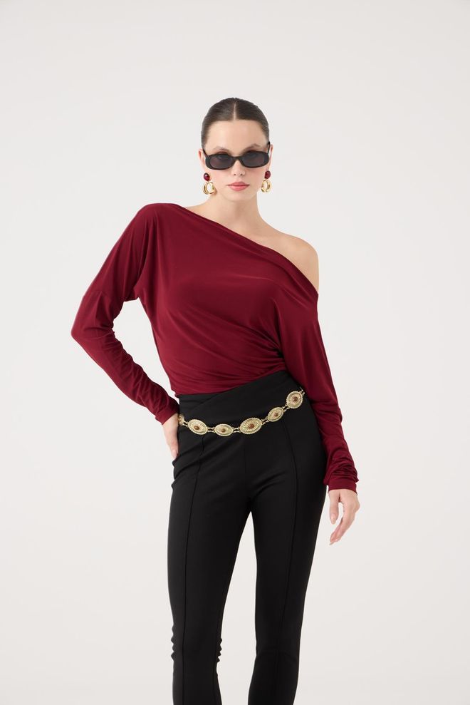 Holly Lolly Bluza Bordo Rdeča Seksi Eleganten Formalno Ovratnik Brez Ramen Oblačila na debelo Seksi