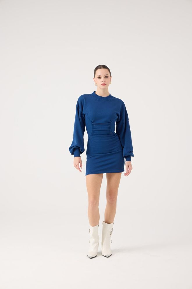 Holly Lolly Blue Bodycon Mini Dress With Ballon Long Sleeves Wholesale Clothing Casual