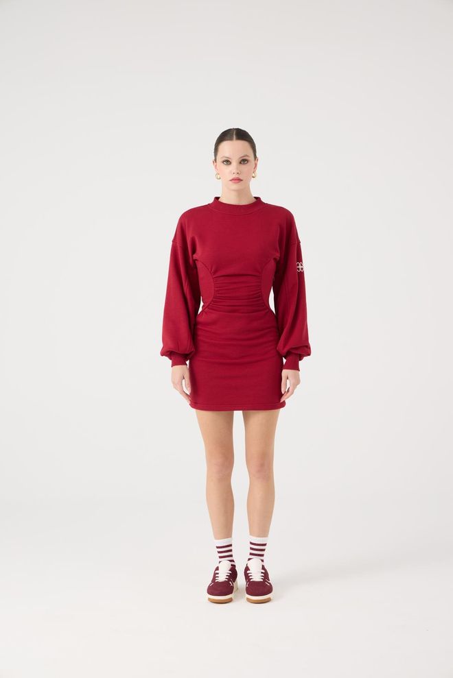 Holly Lolly Claret Red Sweater Mini Dress With Ballon Sleeves Wholesale Clothing Casual