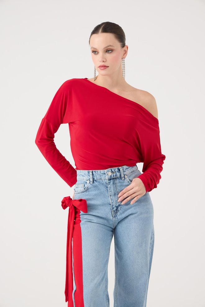 Holly Lolly Red Fitted One Shoulder Neck Blouse Wholesale Clothing Casual