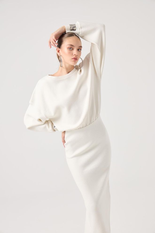 Holly Lolly فستان أبيض بياقة قارب بطول ميدي وسترة ملابس بالجملة رَسمِيّ