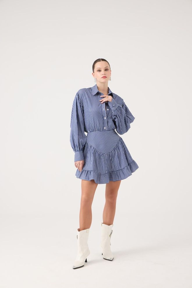 Holly Lolly Vestito Camicia Mini Blu A Righe Con Maniche A Palloncino E Collo Dentellato Abbigliamento all'ingrosso Casuale