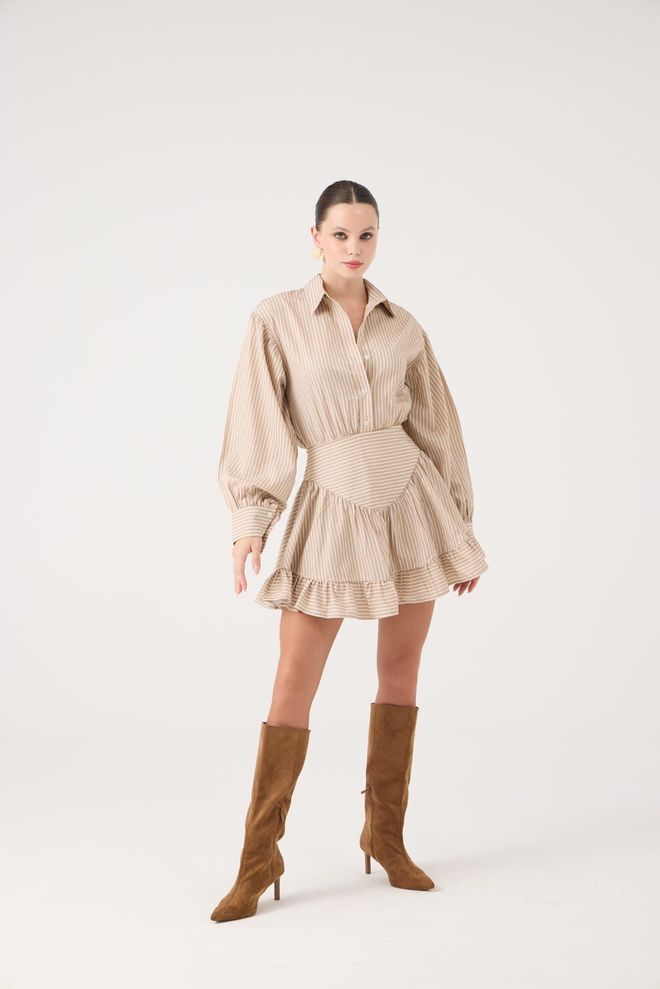 Holly Lolly فستان قميص مخطط بيج ميني برقبة محززة ملابس بالجملة غير رسمي