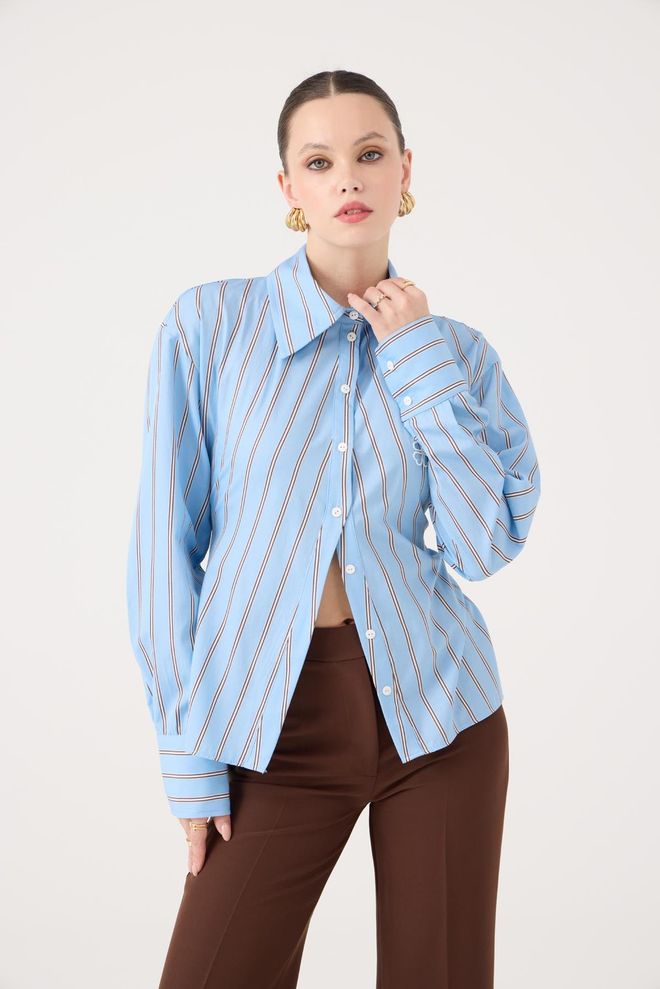 Holly Lolly Μπλε Ριγέ Πουκάμισο Oversized Με Λαιμόκοψη Χαραγμένη Χονδρικό εμπόριο ενδυμάτων Casual