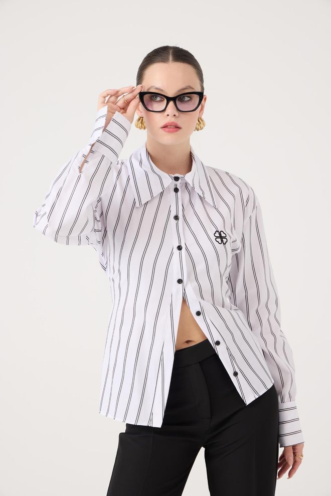 Holly Lolly Bela Formalna Črtasta Majica Oblačila na debelo 1