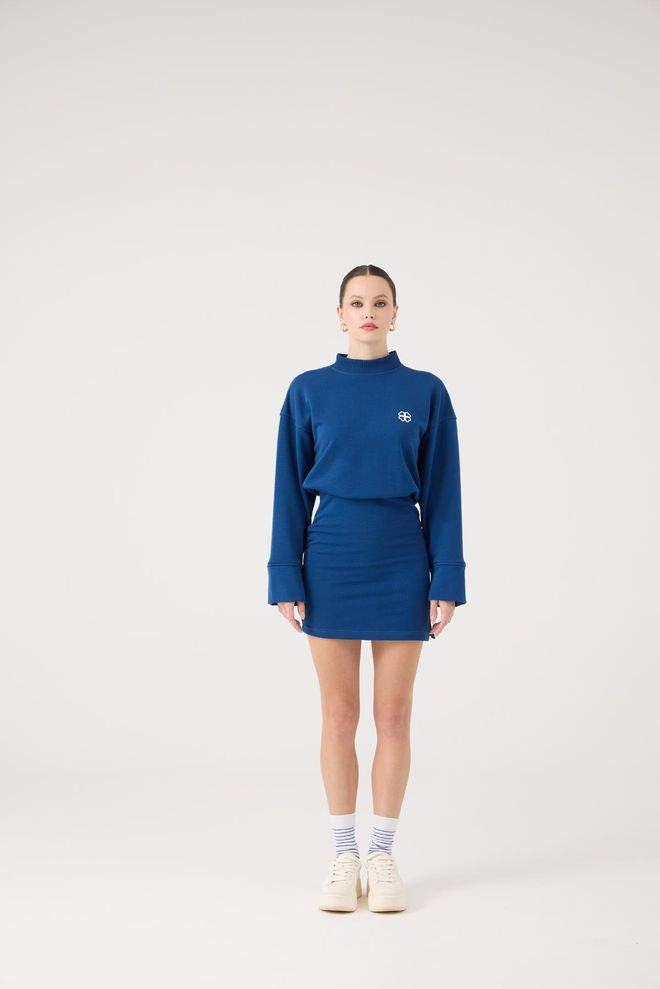 Holly Lolly Modra Bodycon Mini Obleka Z Visokim Ovratnikom Oblačila na debelo Ležerno