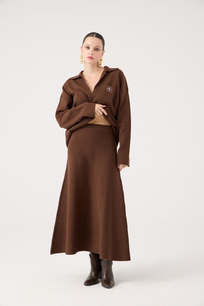 Holly Lolly Saia Castanho Alargada Maxi Cintura Média Só Puxar Roupas por atacado Outono