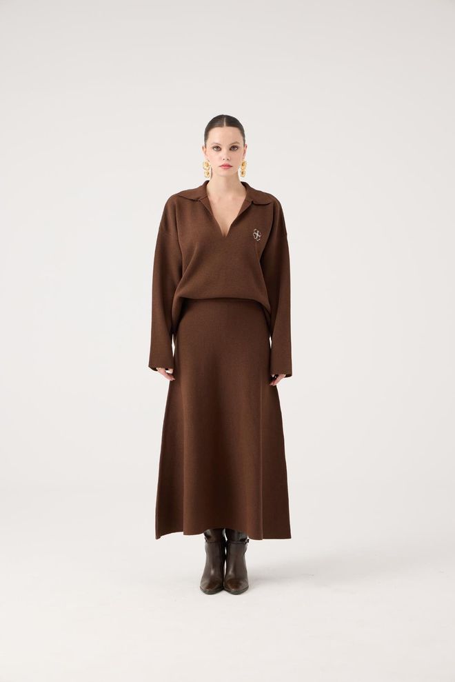 Holly Lolly Brauner Ausgestellter Maxirock Mittlere Taille Pull On Großhandelskleidung Modest